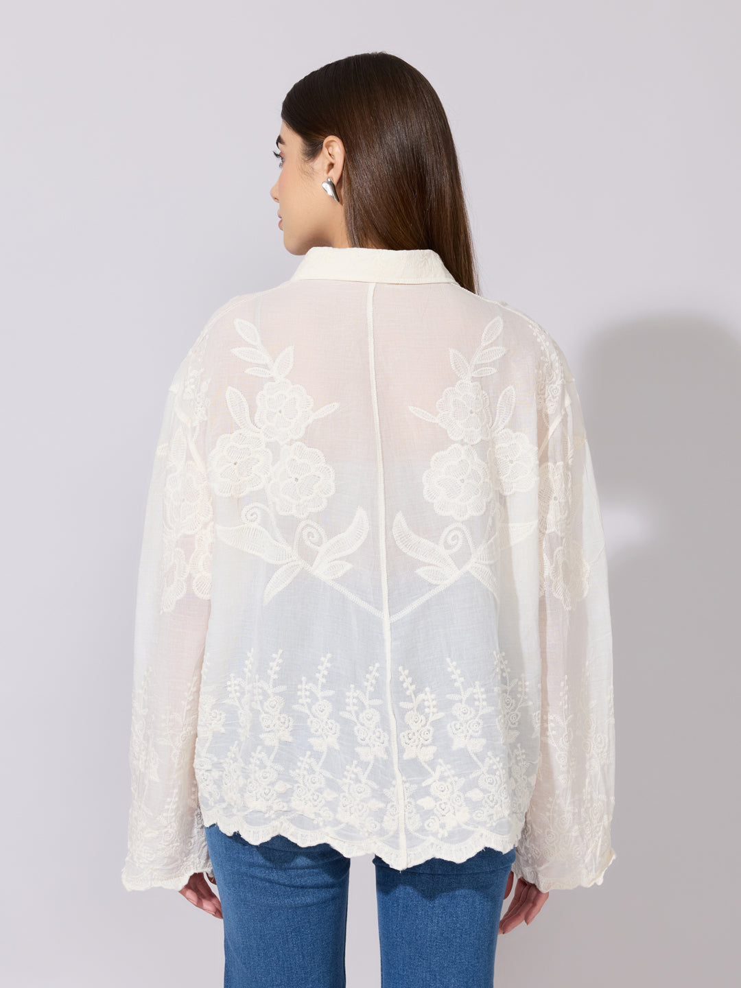 Women's Floral Embroidered Cream Sheer Shirt
