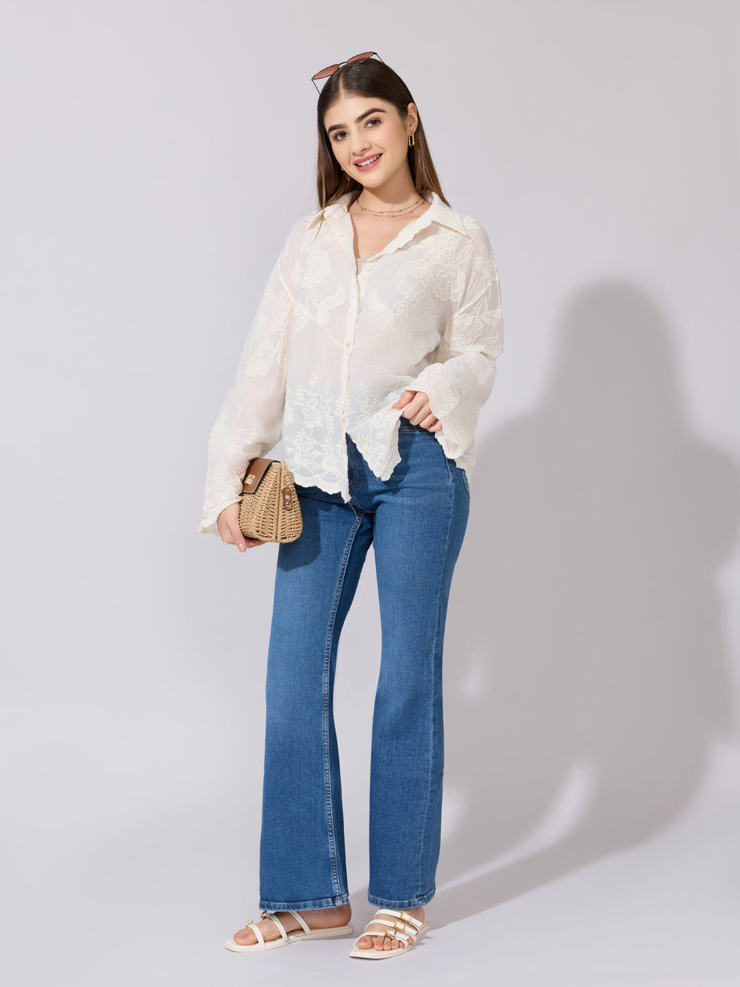 Women's Floral Embroidered Cream Sheer Shirt