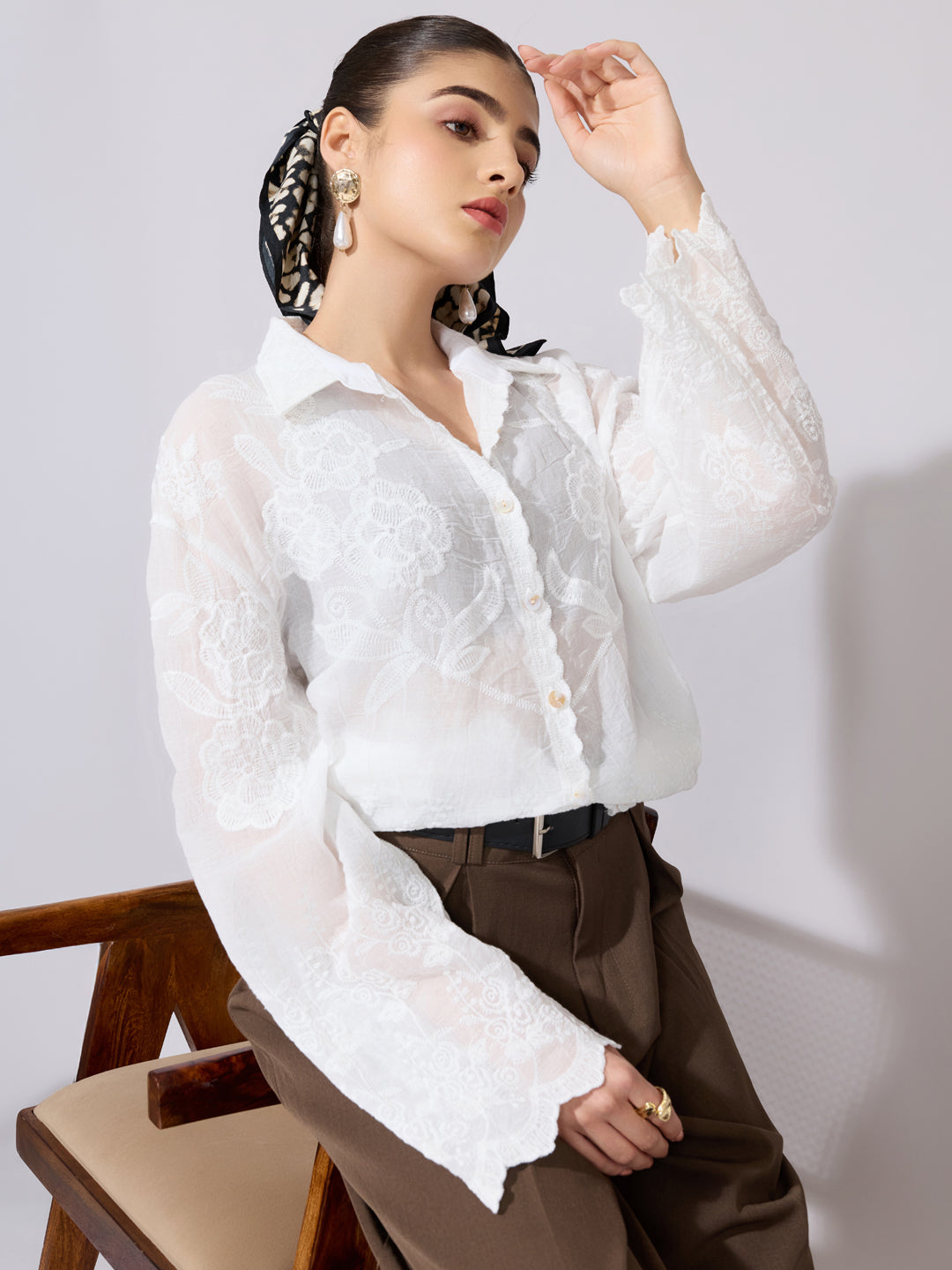 Women's Floral Embroidered White Sheer Shirt
