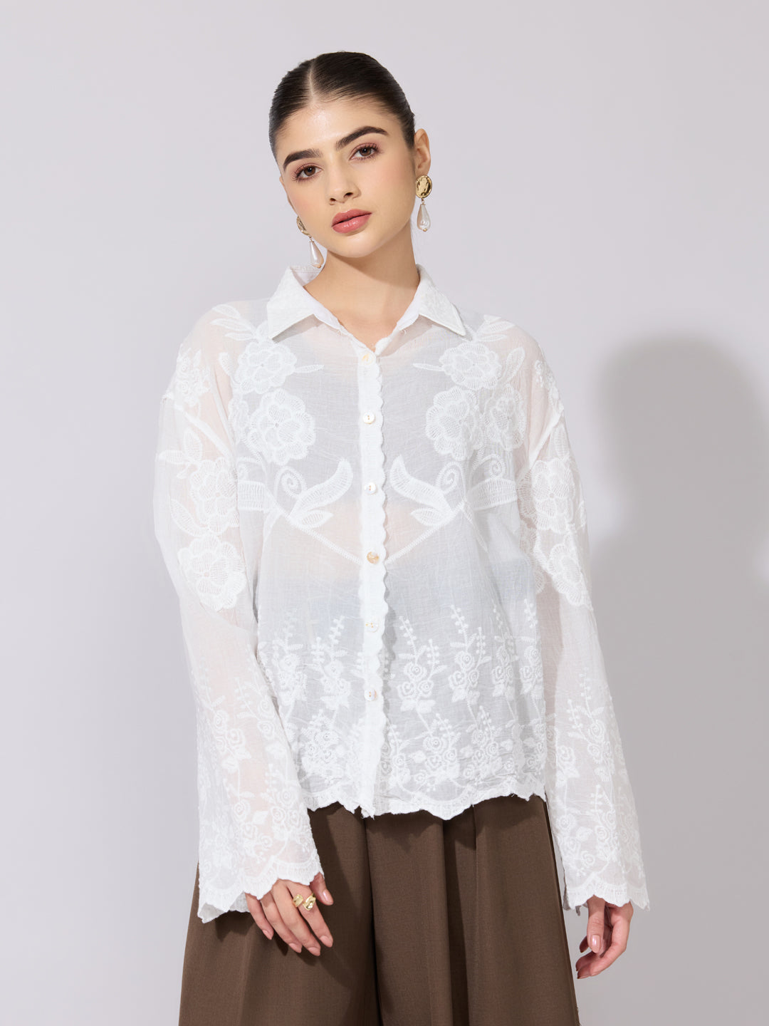 Women's Floral Embroidered White Sheer Shirt