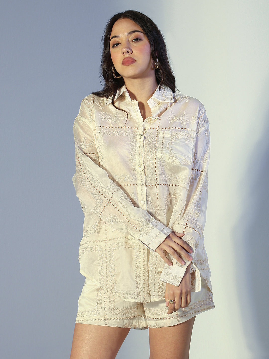 Women's Embroidered Cream Shirt & Tailored Shorts Co-Ord Set