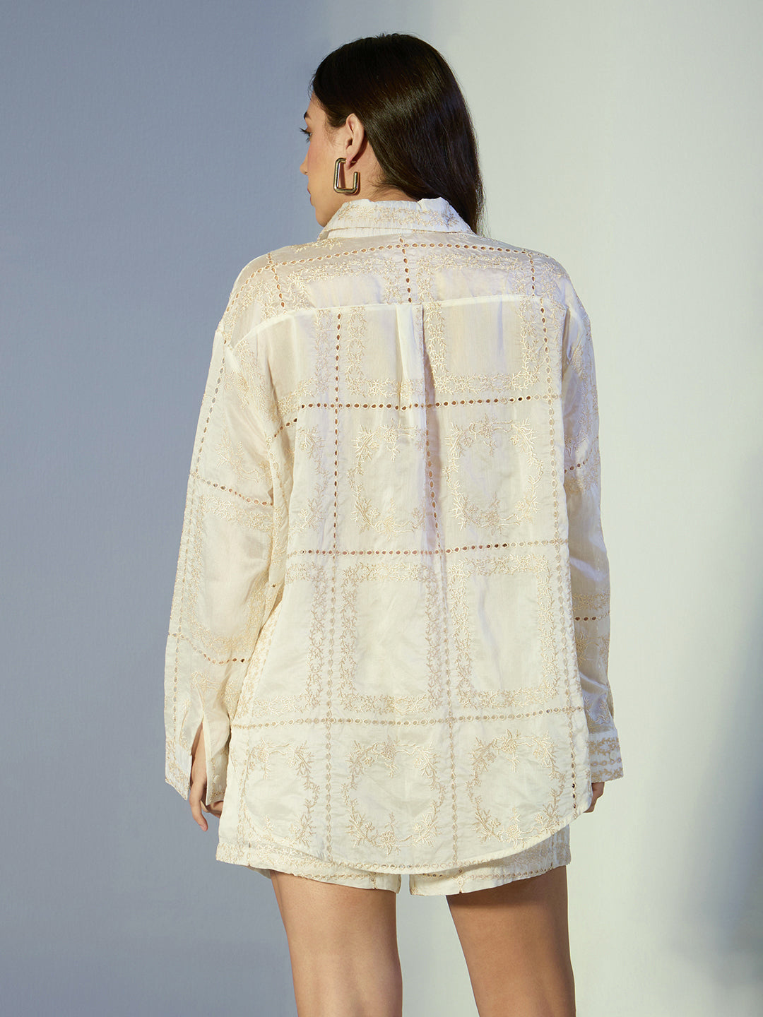 Women's Embroidered Cream Shirt & Tailored Shorts Co-Ord Set