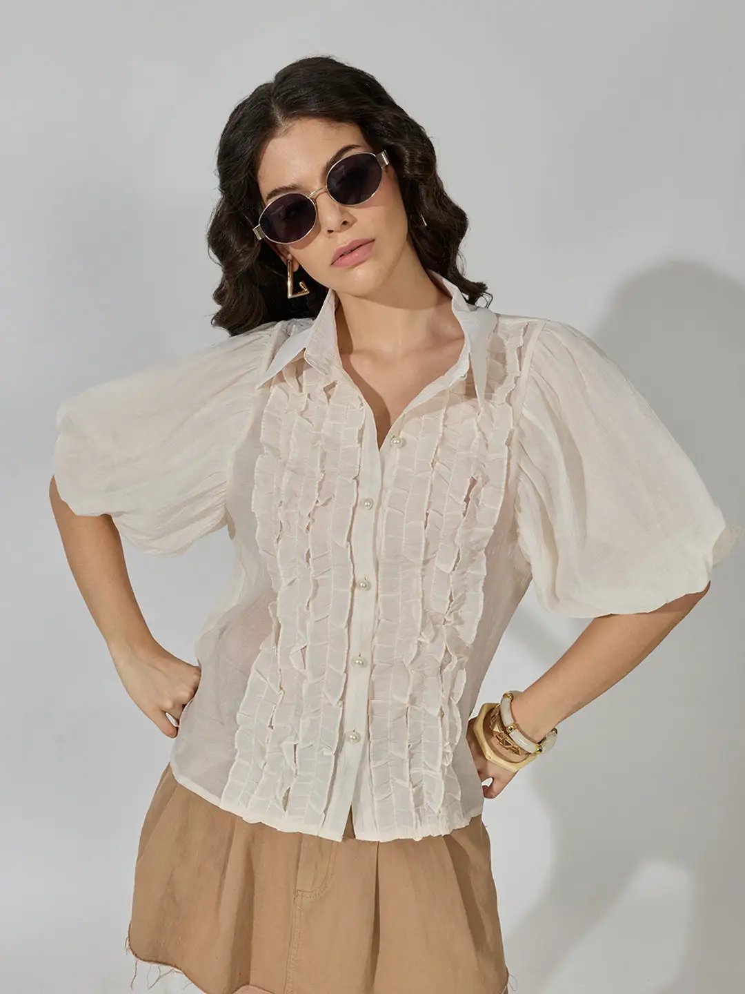 Women's Ruffle Cream Puff Sleeve Shirt with Inner Spaghetti - from SHOWOFFFF