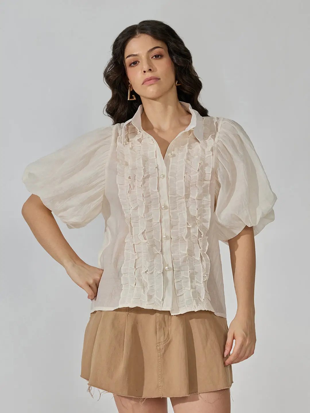 Women's Ruffle Cream Puff Sleeve Shirt with Inner Spaghetti - from SHOWOFFFF