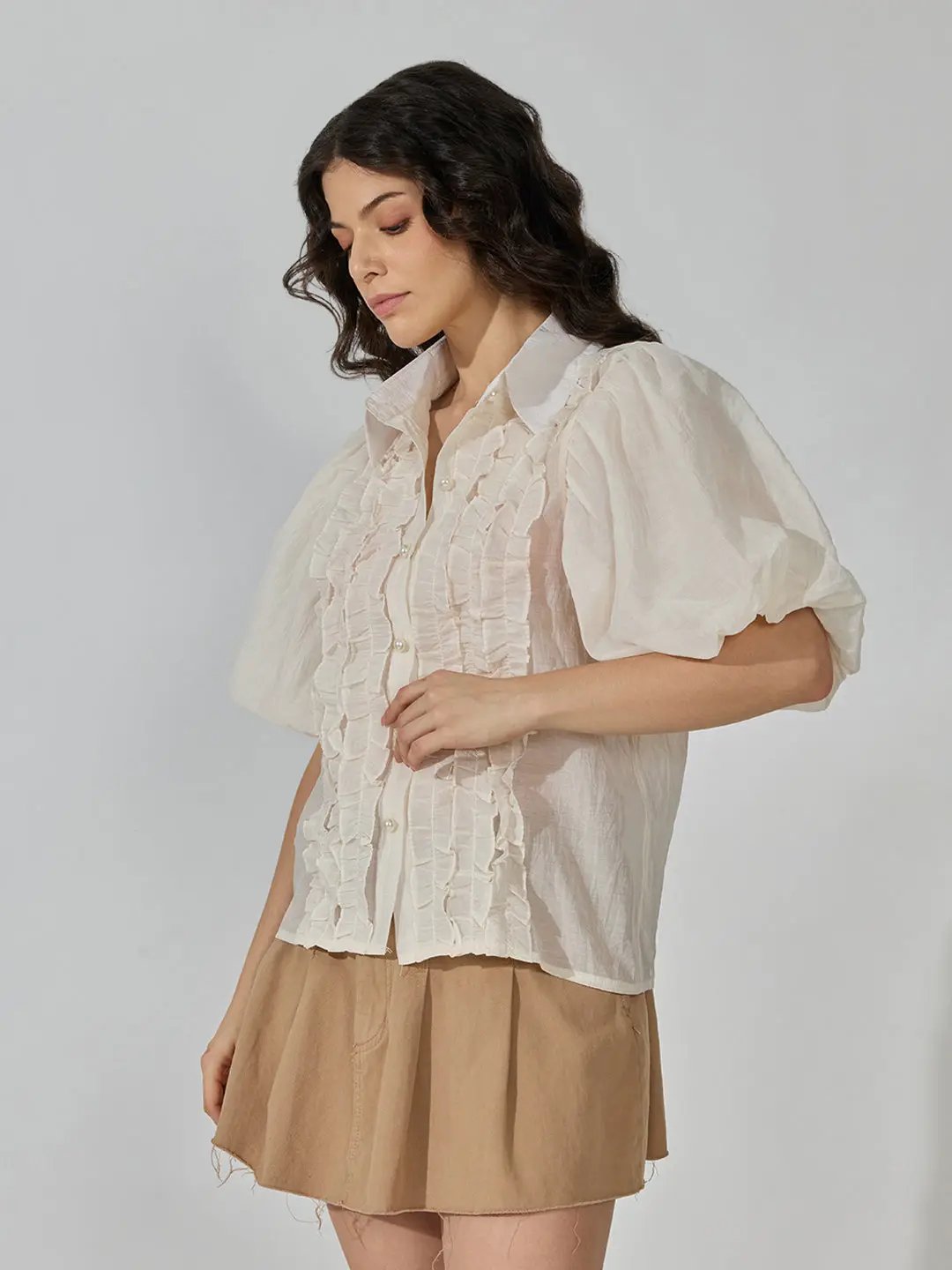 Women's Ruffle Cream Puff Sleeve Shirt with Inner Spaghetti - from SHOWOFFFF