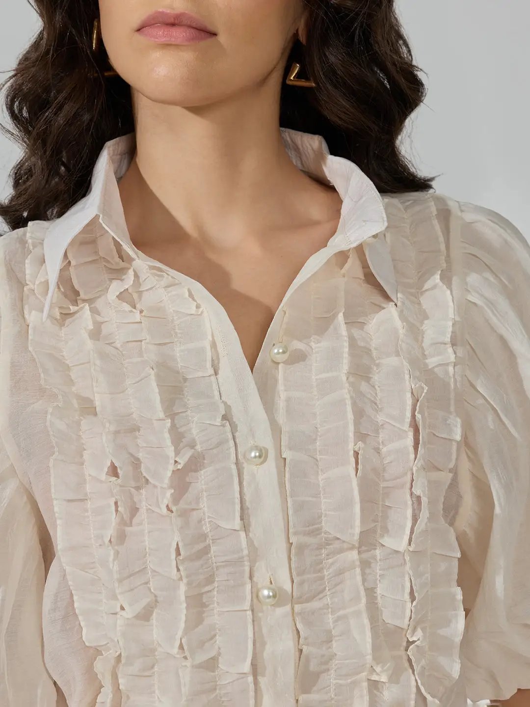 Women's Ruffle Cream Puff Sleeve Shirt with Inner Spaghetti - from SHOWOFFFF