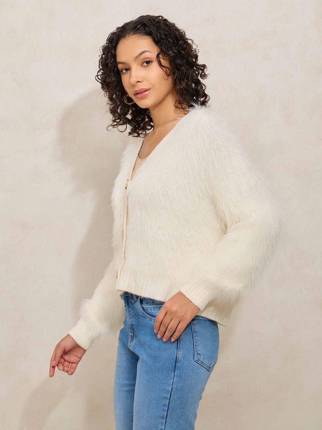 Women's Off White Fuzzy Top with Buttons