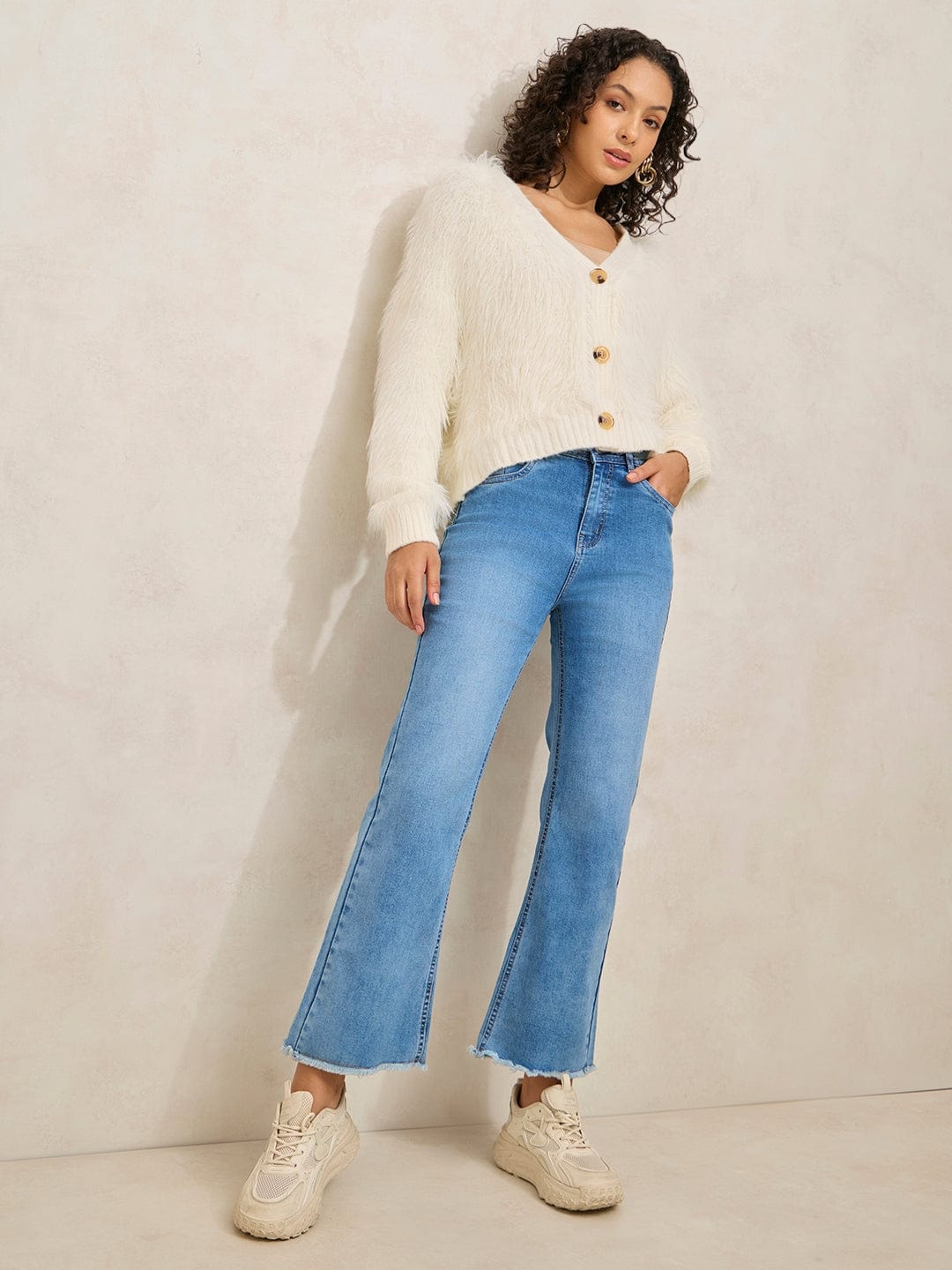 Women's Off White Fuzzy Top with Buttons