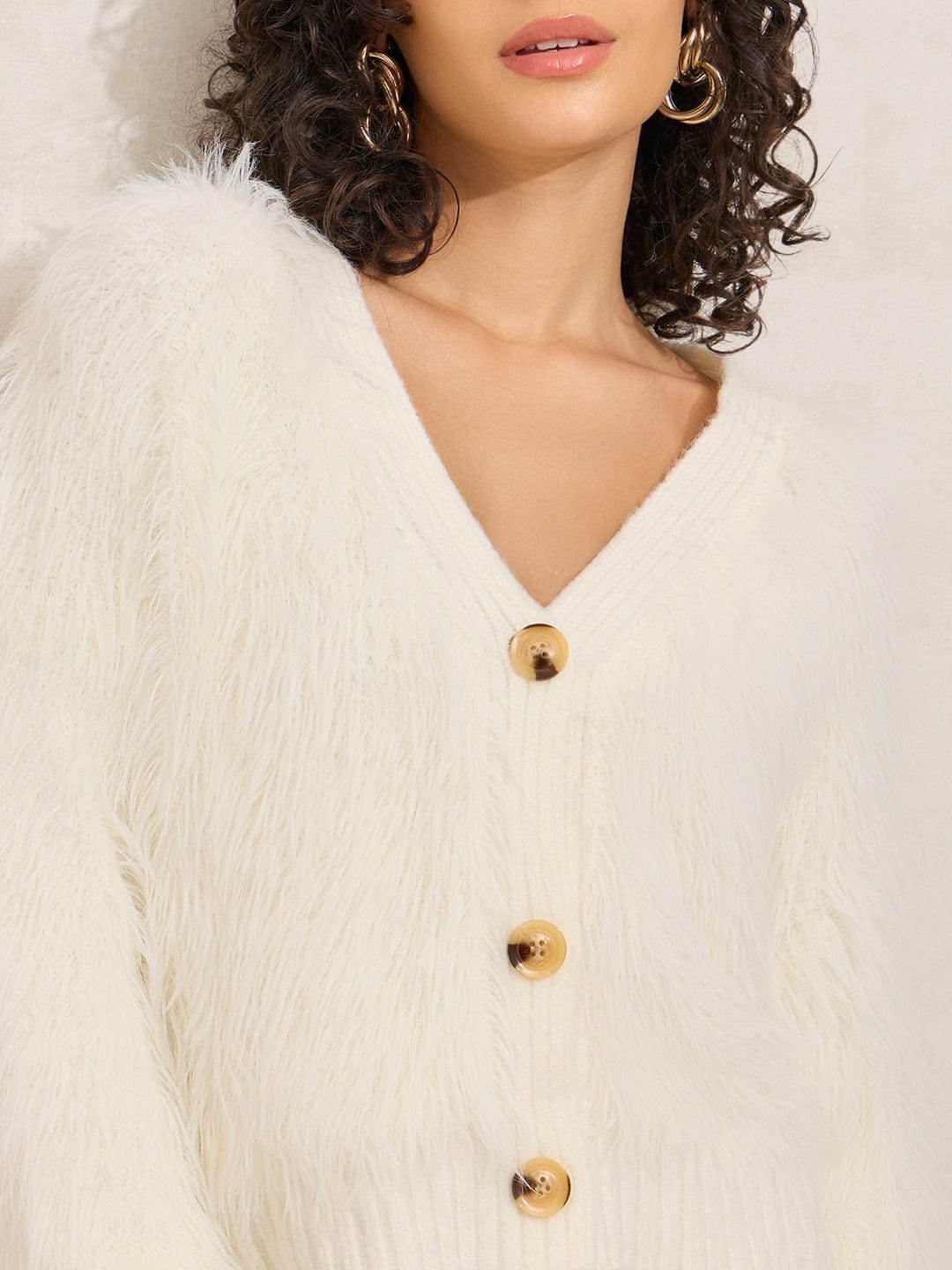 Women's Off White Fuzzy Top with Buttons