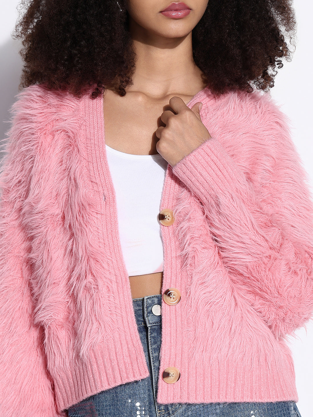 Women's Pink Fuzzy V-Neck Shrug