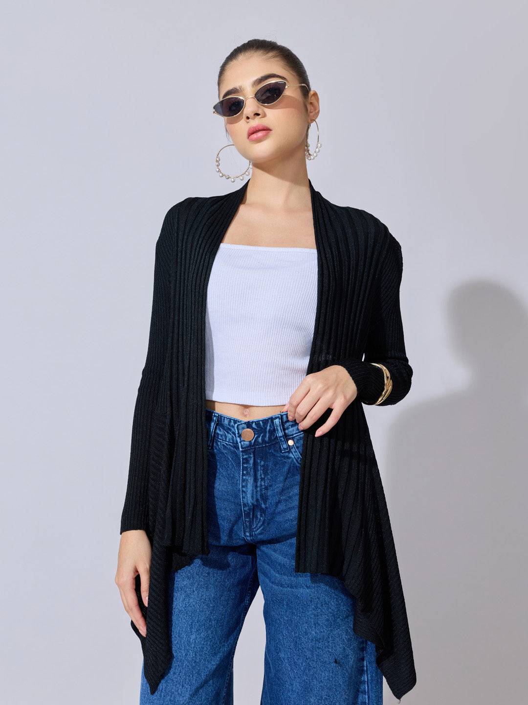 Women's Ribbed Black Open Front Shrug with Asymmetric Hem