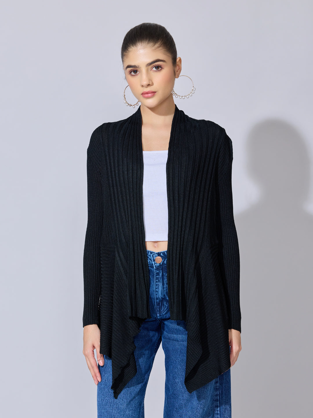 Women's Ribbed Black Open Front Shrug with Asymmetric Hem