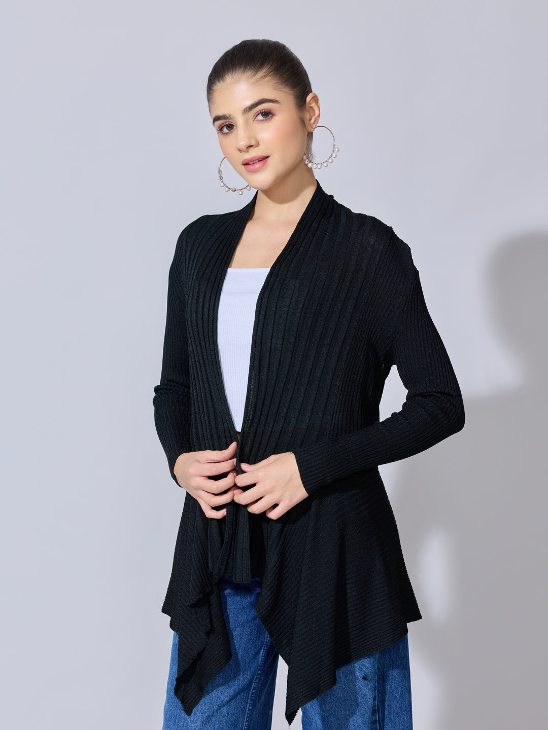 Women's Ribbed Black Open Front Shrug with Asymmetric Hem