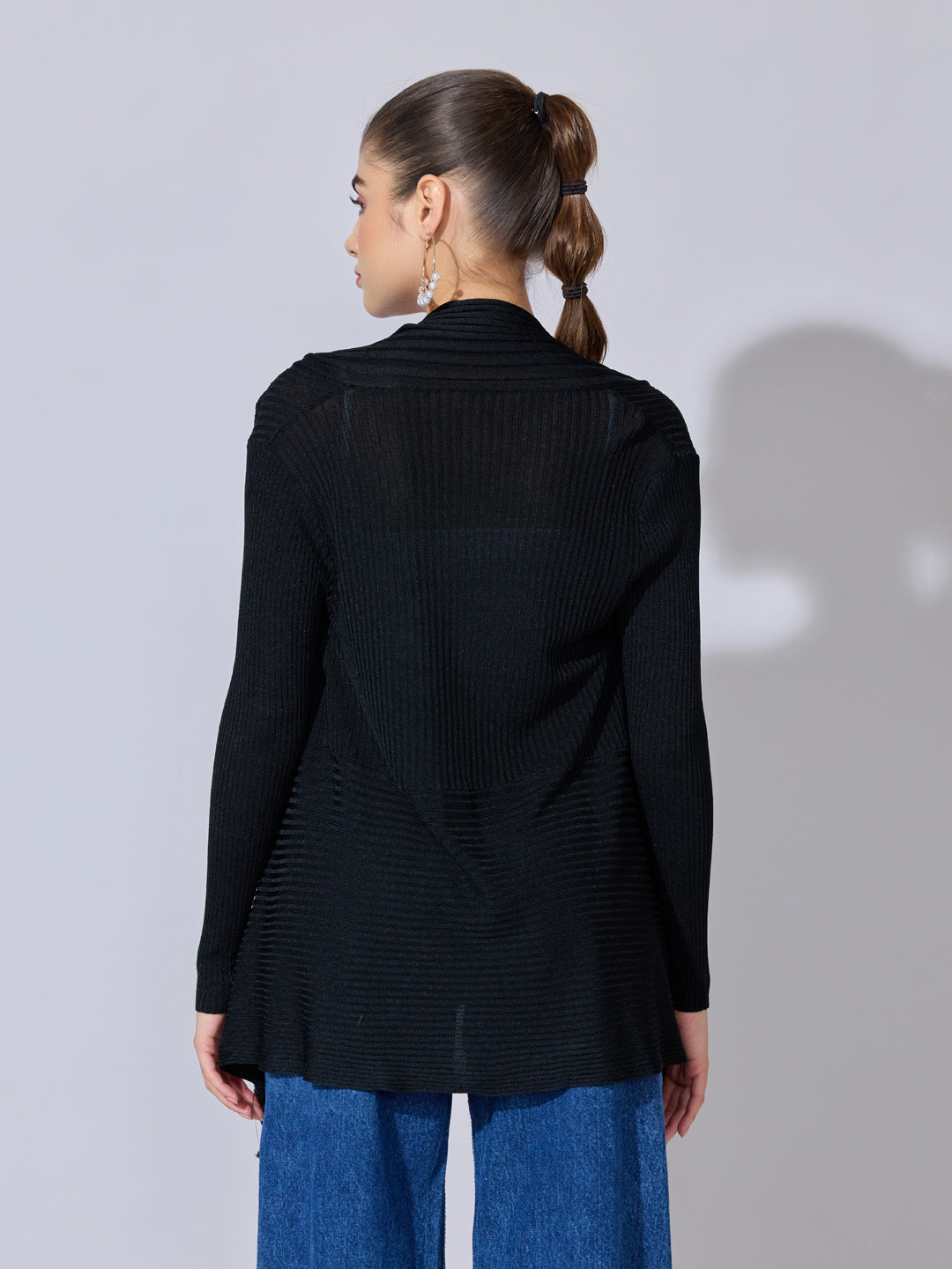 Women's Ribbed Black Open Front Shrug with Asymmetric Hem