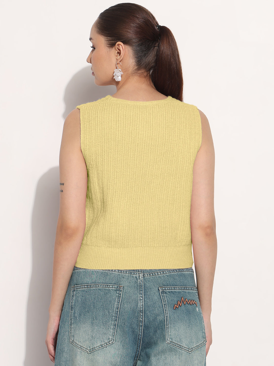 Women's Ribbed Light Green V-Neck Sleeveless Knitted Top