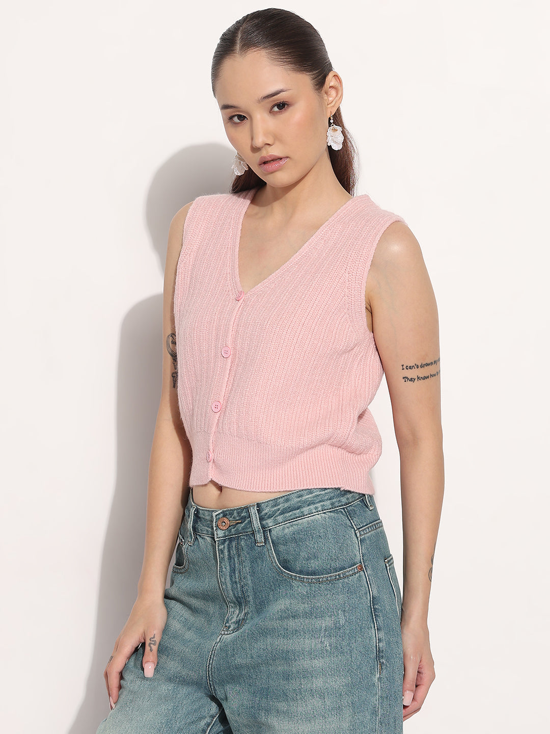 Women's Ribbed Pink V-Neck Sleeveless Knitted Top