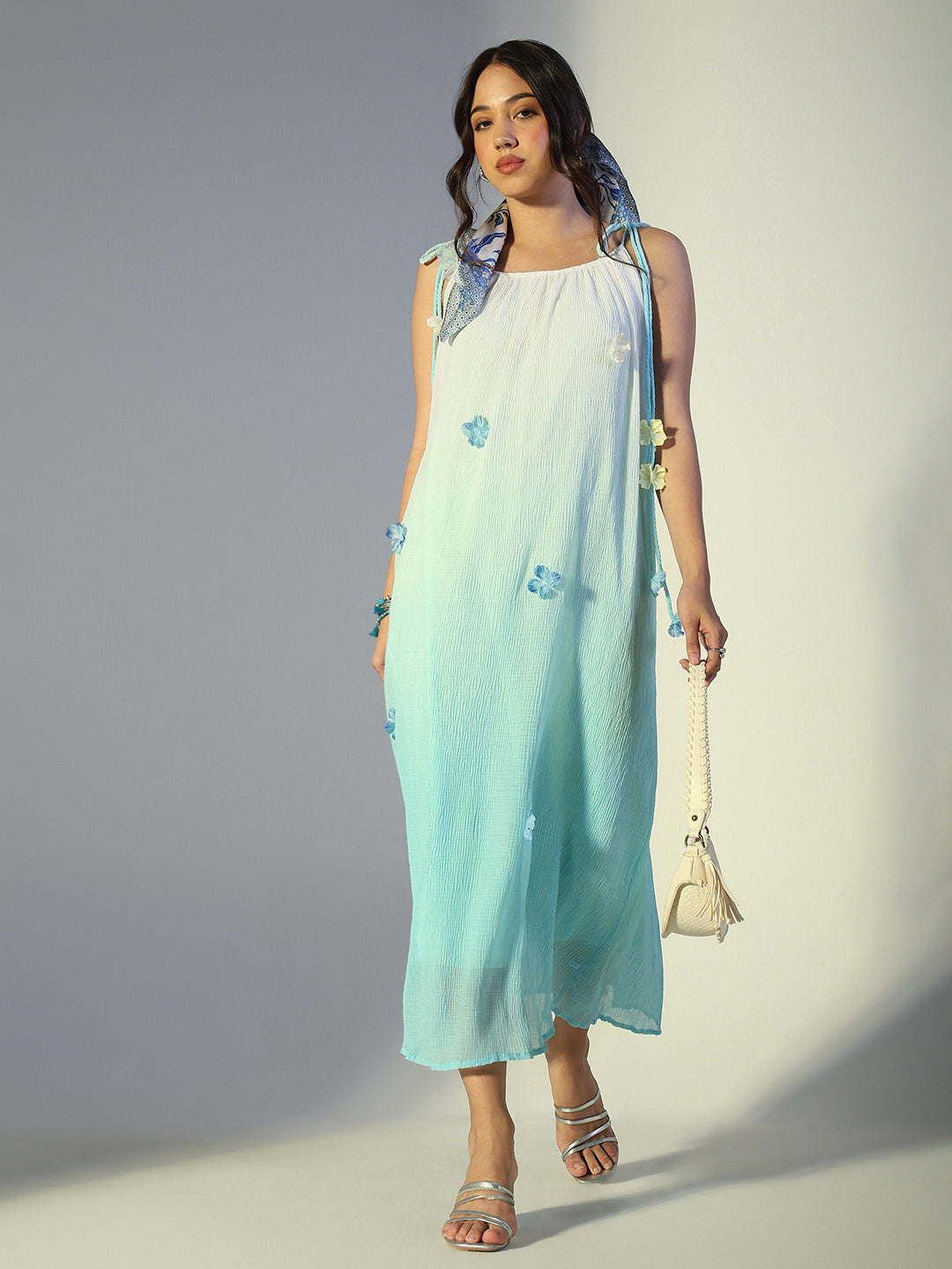 Women's Floral Applique Blue Ombre Maxi Dress with Tie-Up Straps