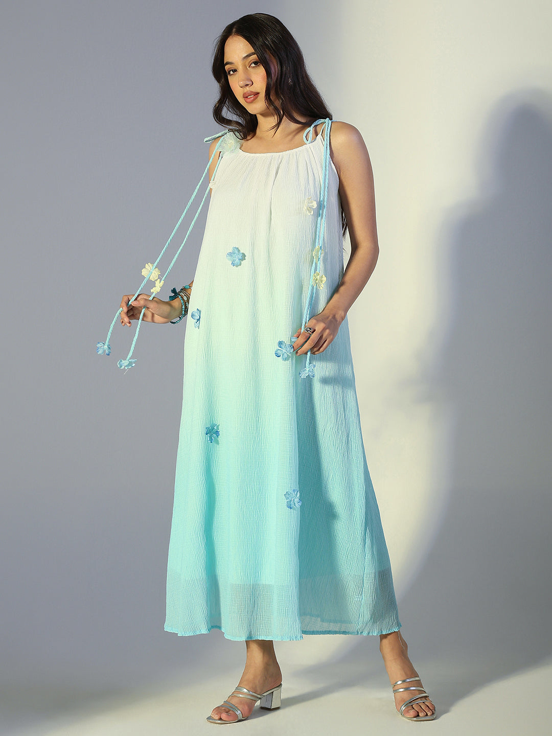Women's Floral Applique Blue Ombre Maxi Dress with Tie-Up Straps