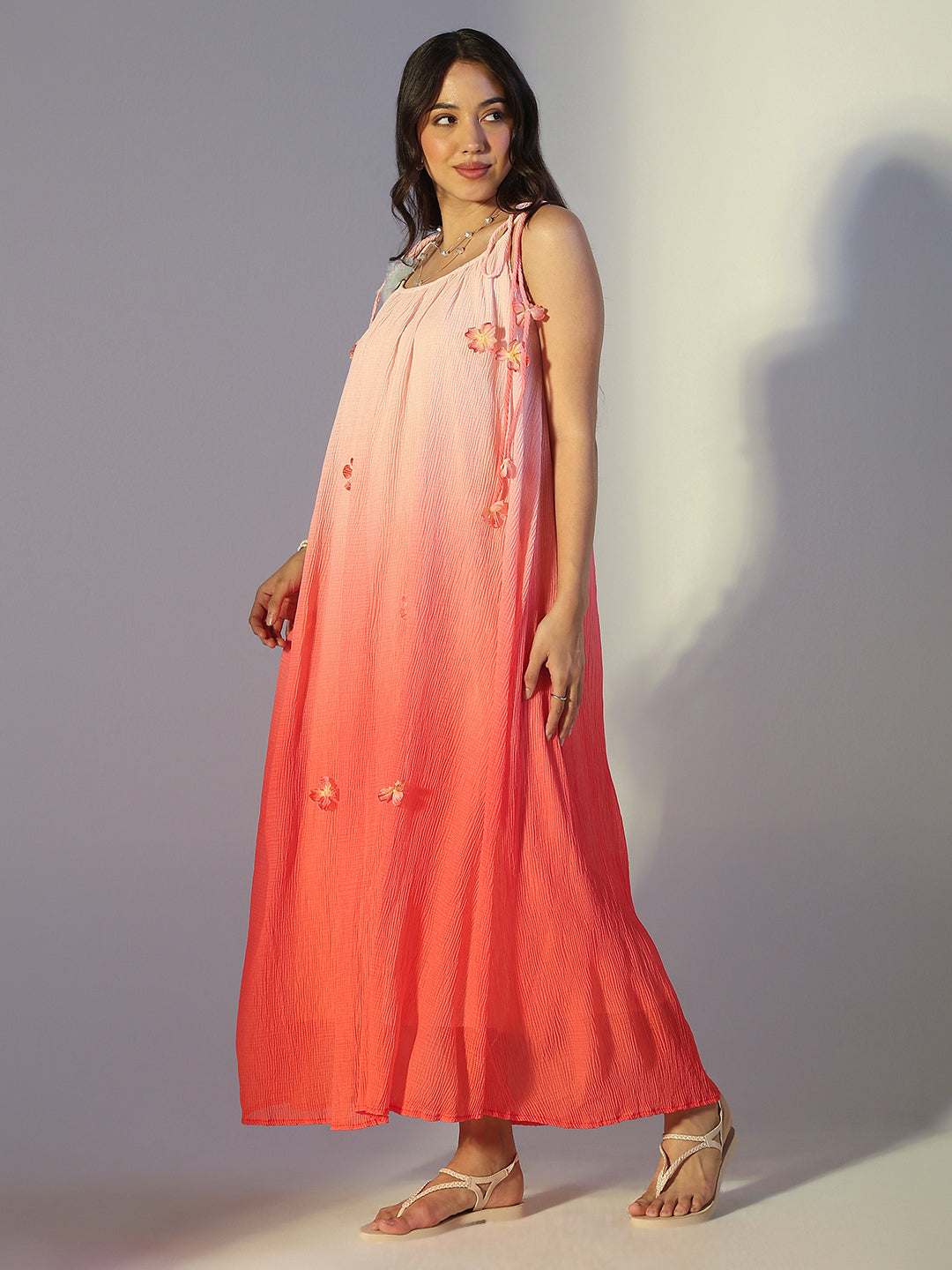 Women's Floral Applique Pink Ombre Maxi Dress with Tie-Up Straps