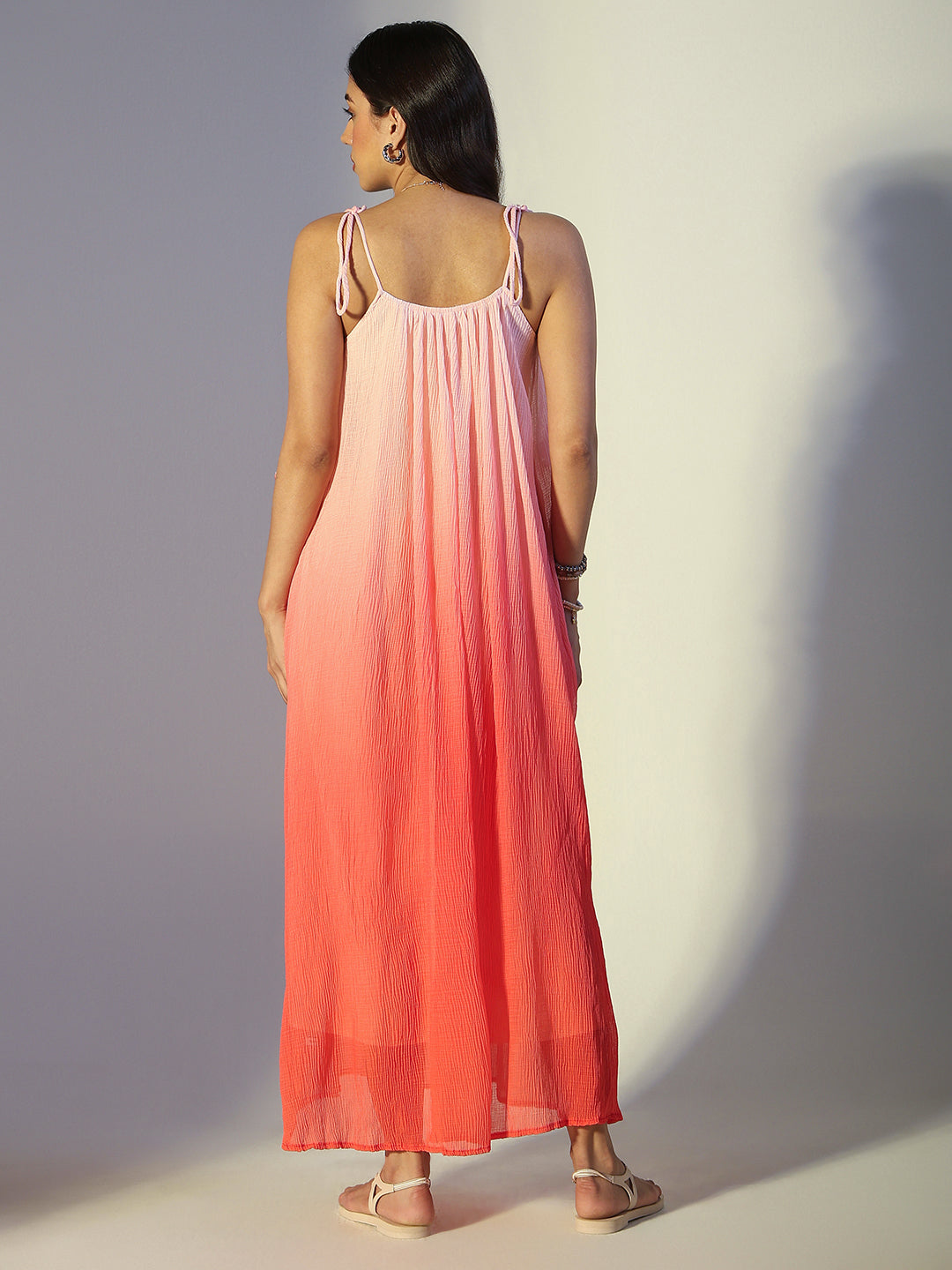 Women's Floral Applique Pink Ombre Maxi Dress with Tie-Up Straps
