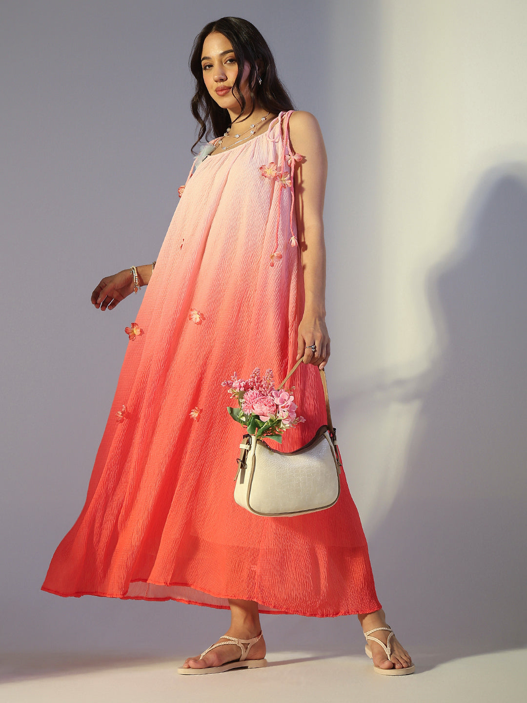 Women's Floral Applique Pink Ombre Maxi Dress with Tie-Up Straps