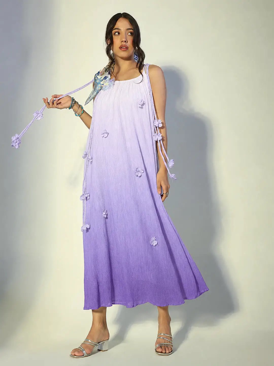 Women's Floral Applique Purple Ombre Maxi Dress with Tie Up Straps