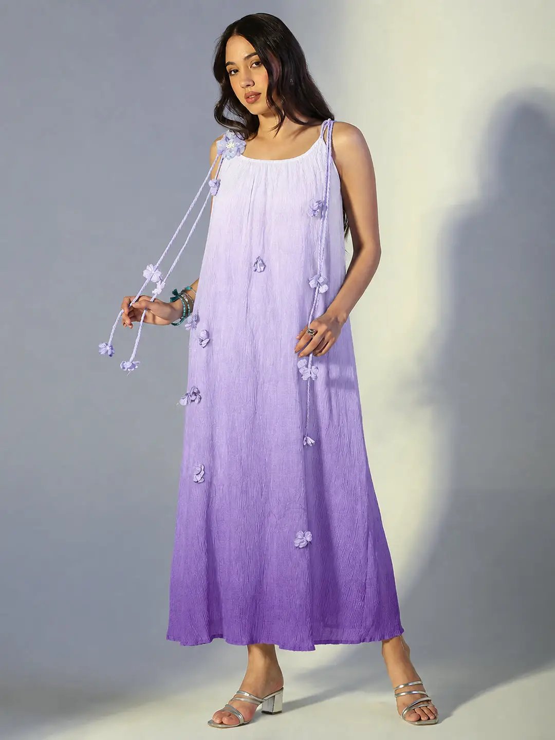 Women's Floral Applique Purple Ombre Maxi Dress with Tie Up Straps