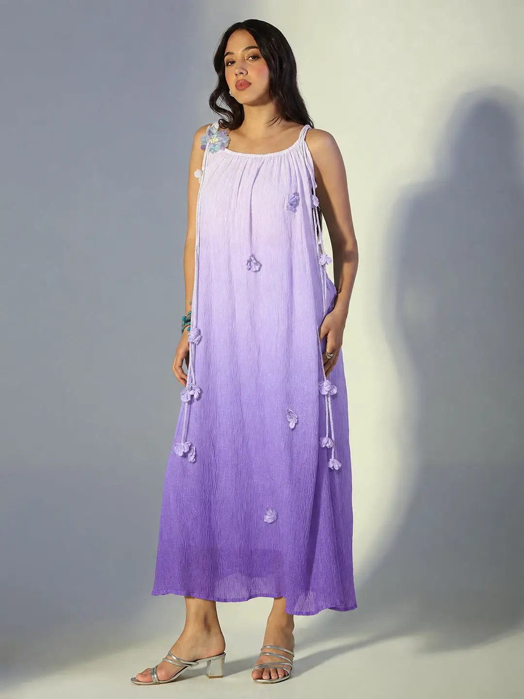 Women's Floral Applique Purple Ombre Maxi Dress with Tie Up Straps
