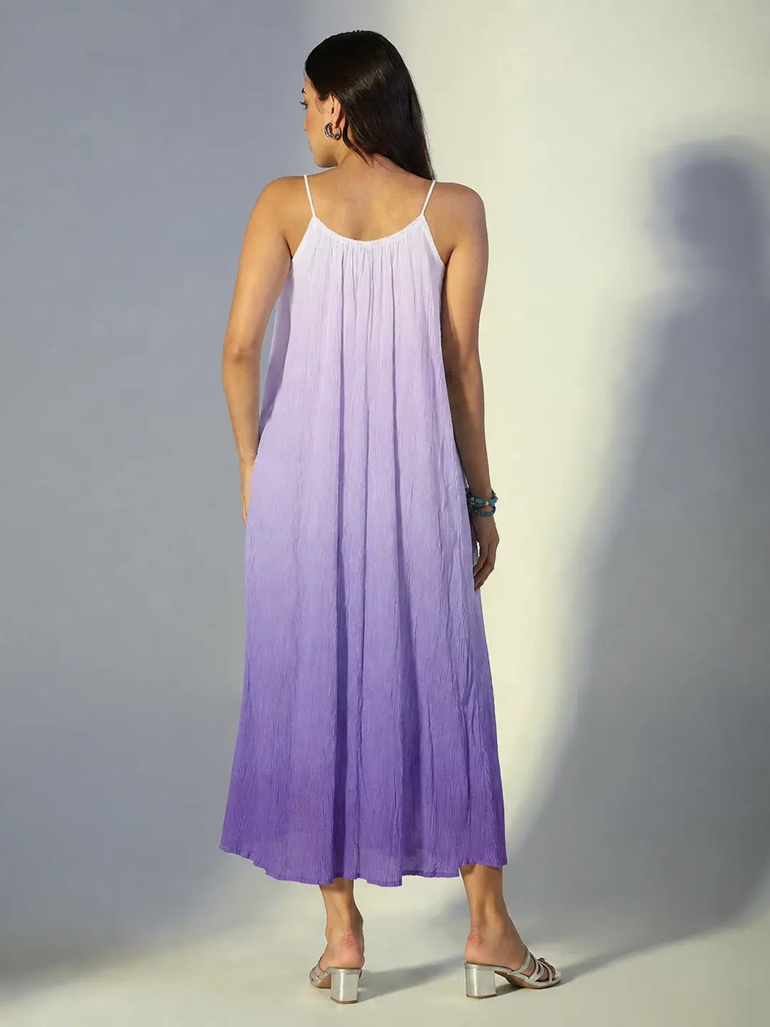 Women's Floral Applique Purple Ombre Maxi Dress with Tie Up Straps