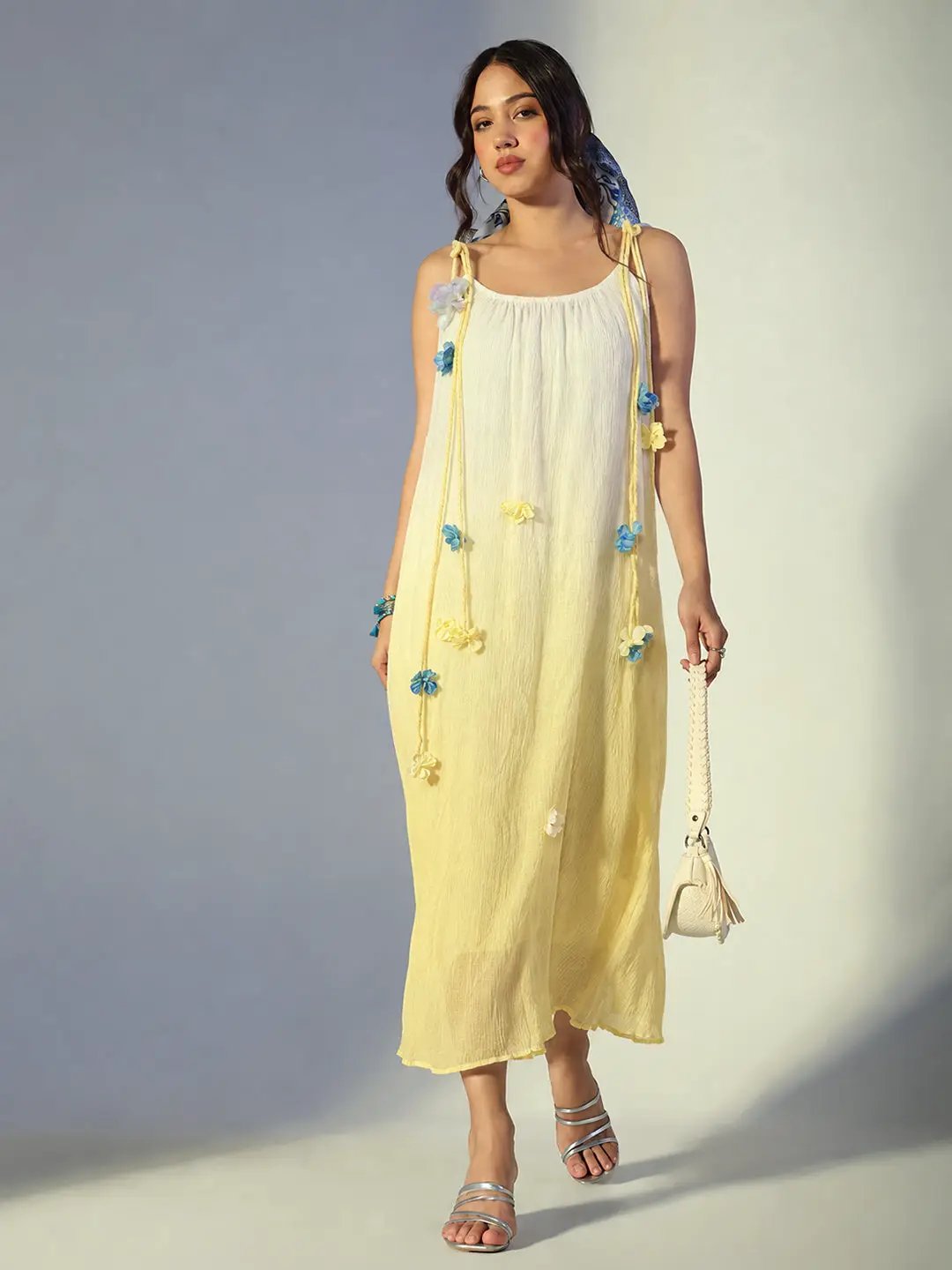 Women's Floral Applique Yellow Ombre Maxi Dress with Tie Up Straps