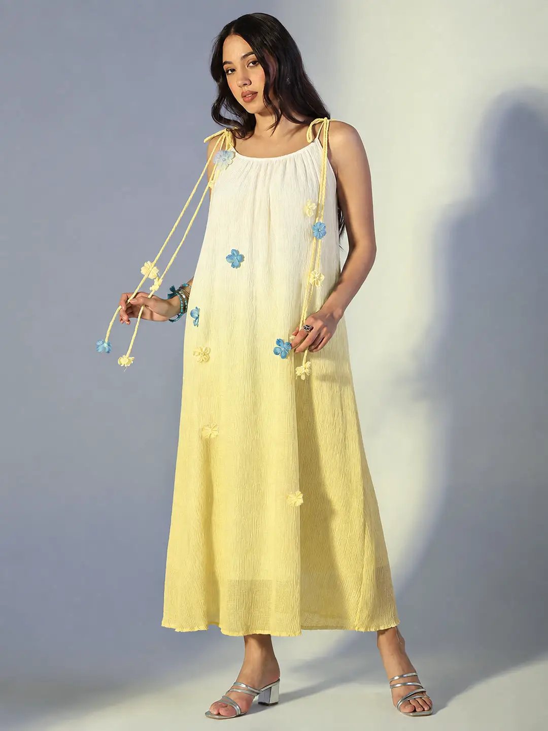 Women's Floral Applique Yellow Ombre Maxi Dress with Tie Up Straps