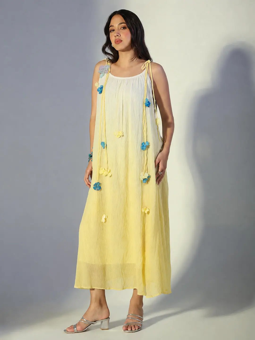 Women's Floral Applique Yellow Ombre Maxi Dress with Tie Up Straps