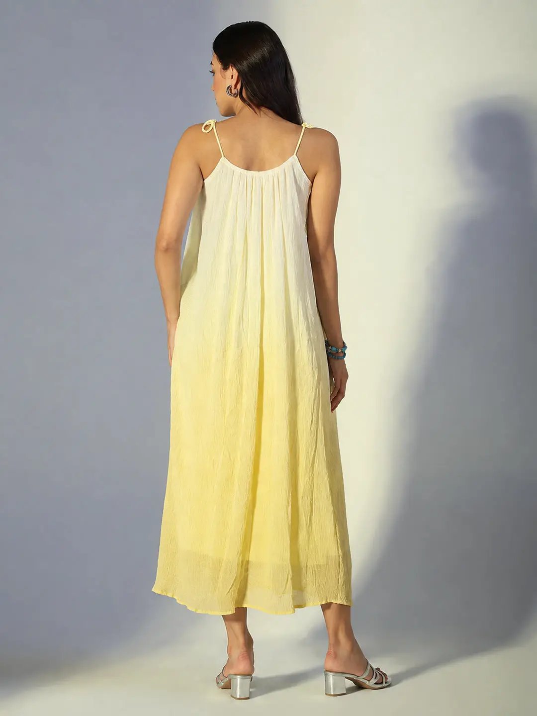 Women's Floral Applique Yellow Ombre Maxi Dress with Tie Up Straps