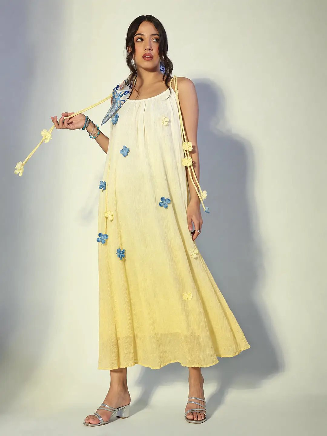 Women's Floral Applique Yellow Ombre Maxi Dress with Tie Up Straps