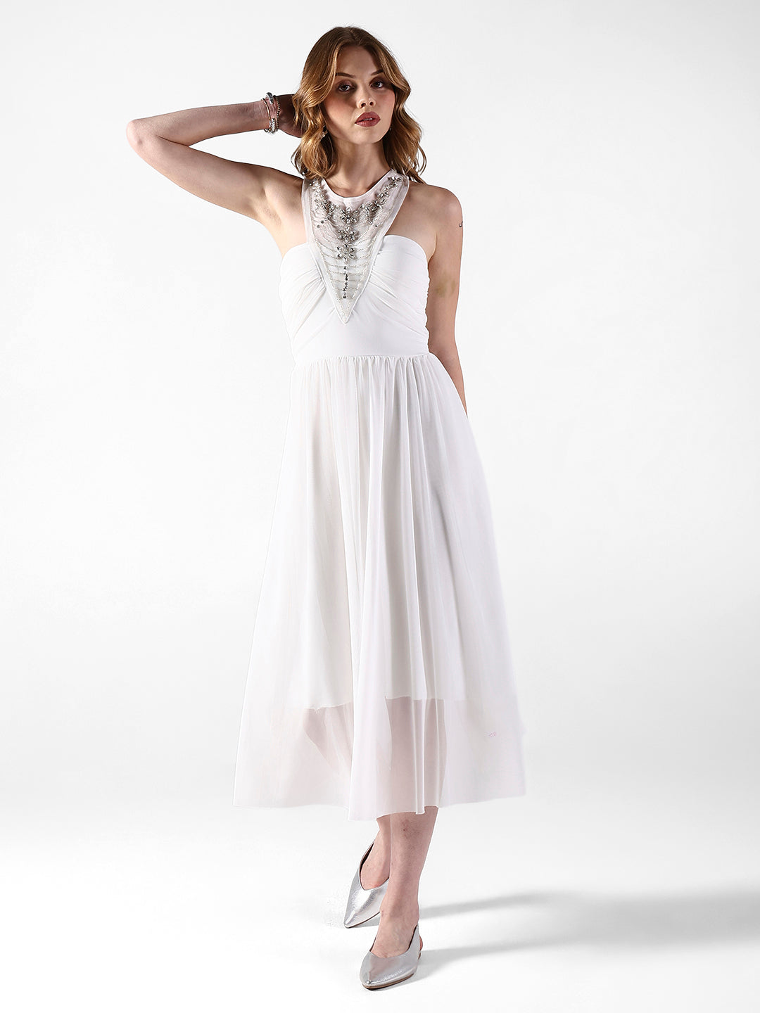 Women's Embellished White Halter Neck Maxi Dress