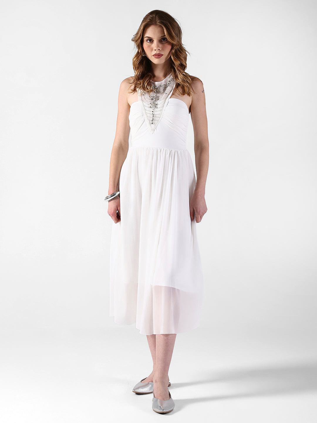 Women's Embellished White Halter Neck Maxi Dress