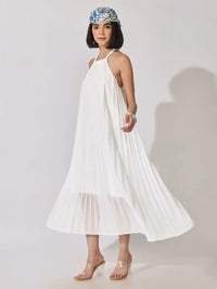 Women's White Pleated Sleeveless A-Line Dress