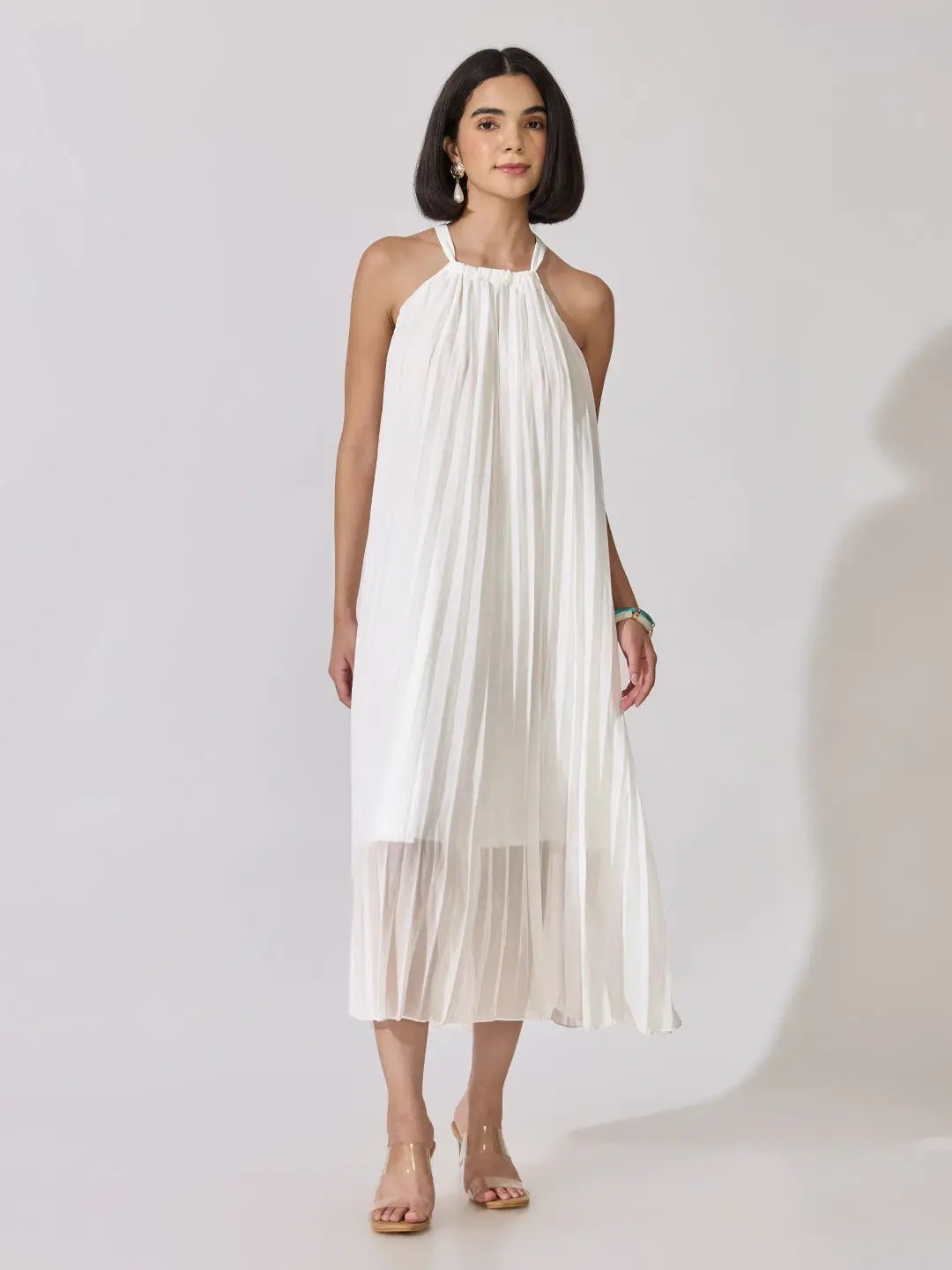 Women's White Pleated Sleeveless A-Line Dress
