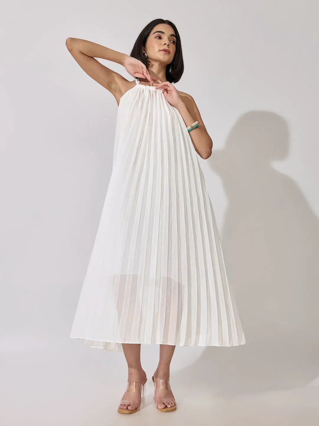 Women's White Pleated Sleeveless A-Line Dress
