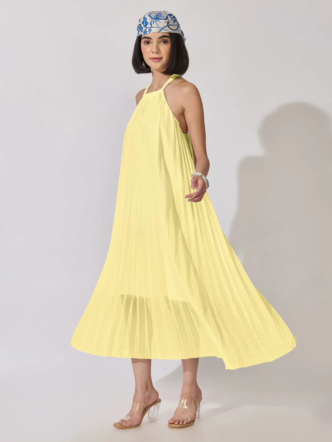 Women's Yellow Pleated Sleeveless A-Line Dress - from SHOWOFFFF