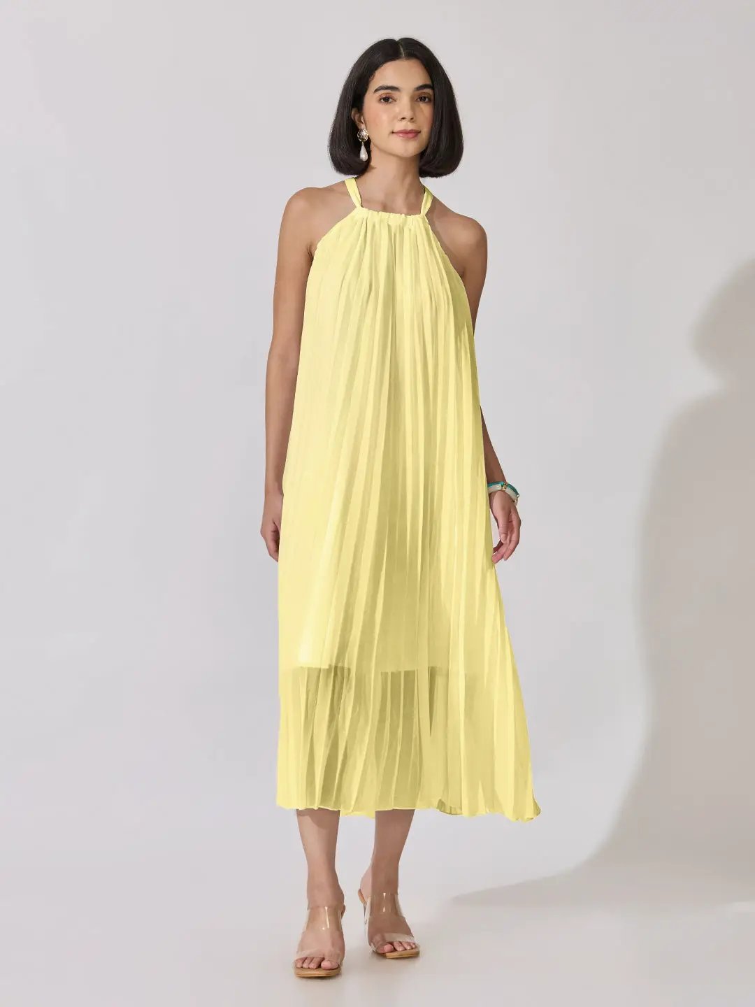 Women's Yellow Pleated Sleeveless A-Line Dress - from SHOWOFFFF