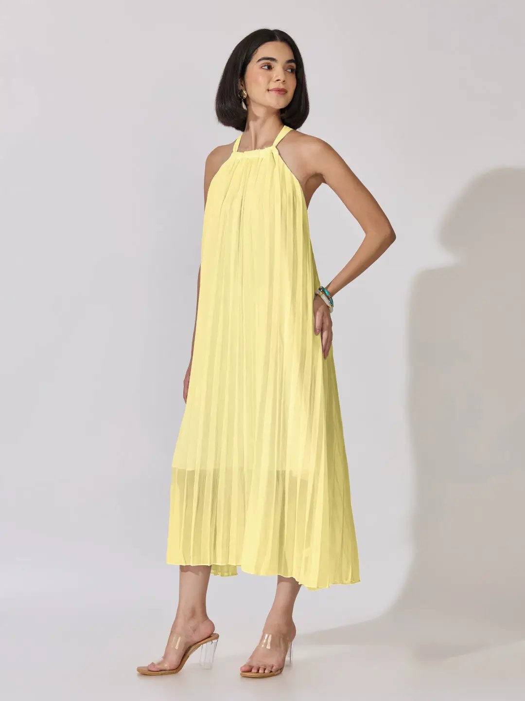 Women's Yellow Pleated Sleeveless A-Line Dress - from SHOWOFFFF