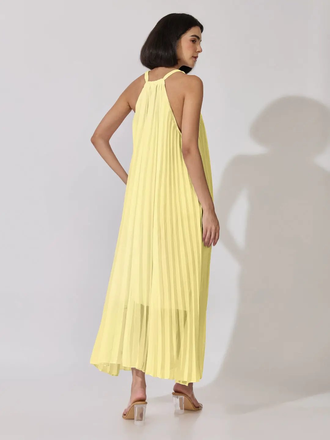 Women's Yellow Pleated Sleeveless A-Line Dress - from SHOWOFFFF