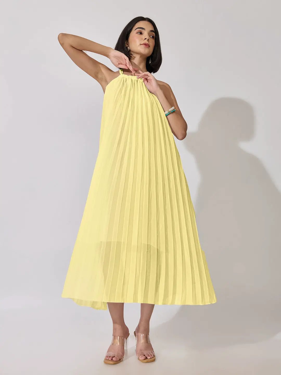 Women's Yellow Pleated Sleeveless A-Line Dress - from SHOWOFFFF