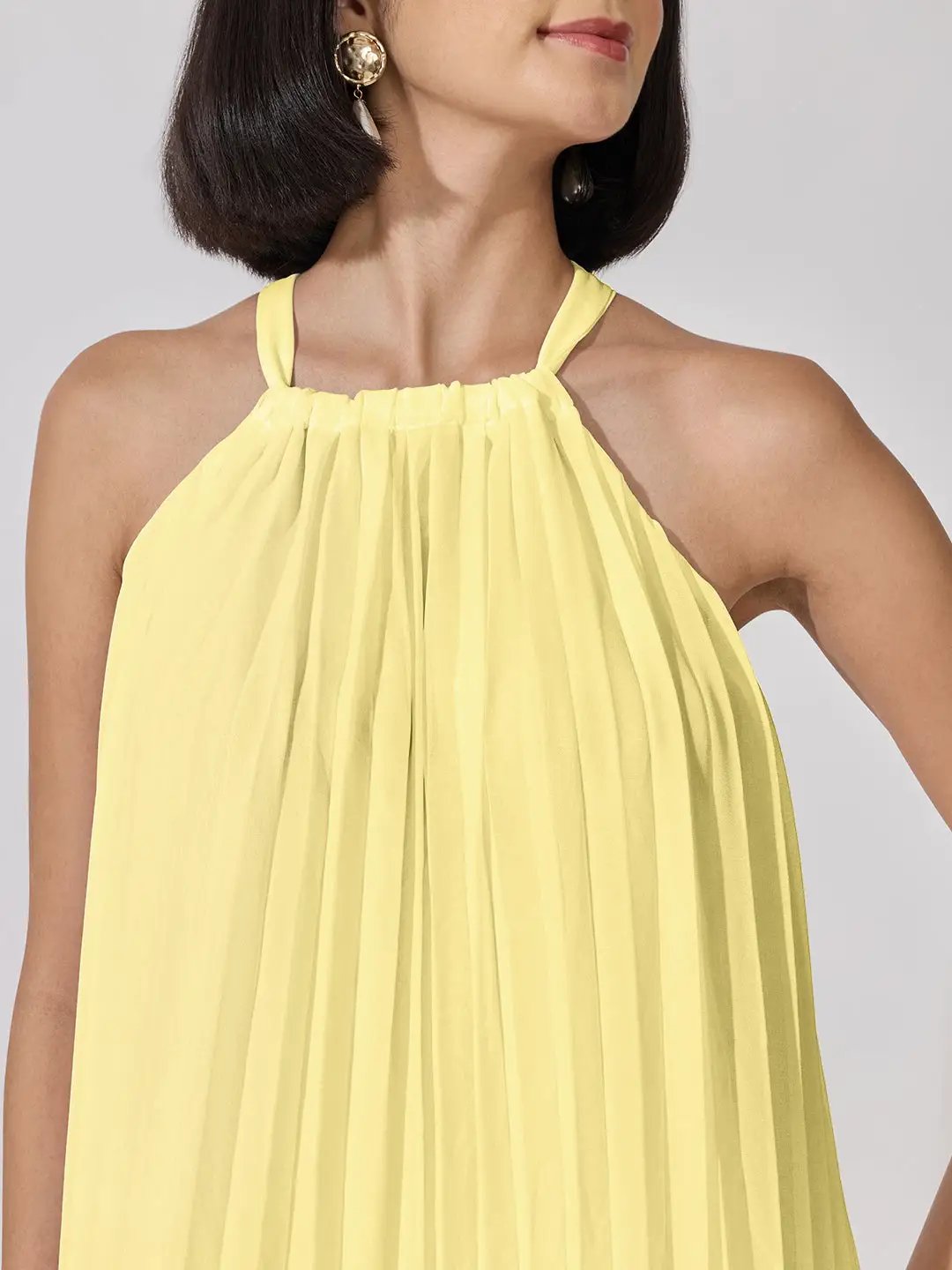Women's Yellow Pleated Sleeveless A-Line Dress - from SHOWOFFFF