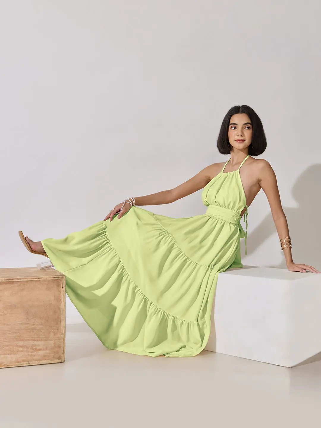 Women's Green Halter Neck Tiered Flared Maxi Dress - from SHOWOFFFF