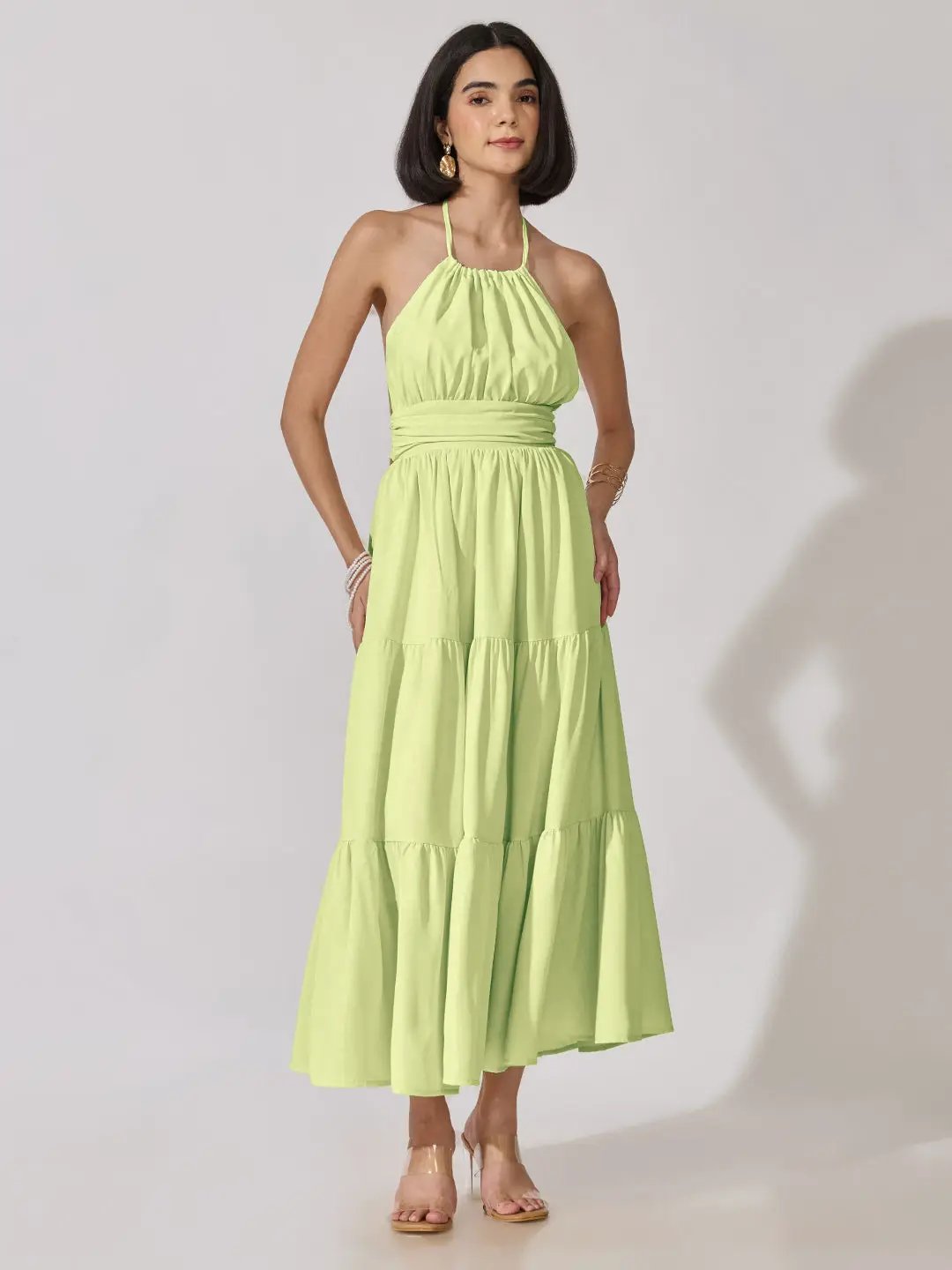 Women's Green Halter Neck Tiered Flared Maxi Dress - from SHOWOFFFF