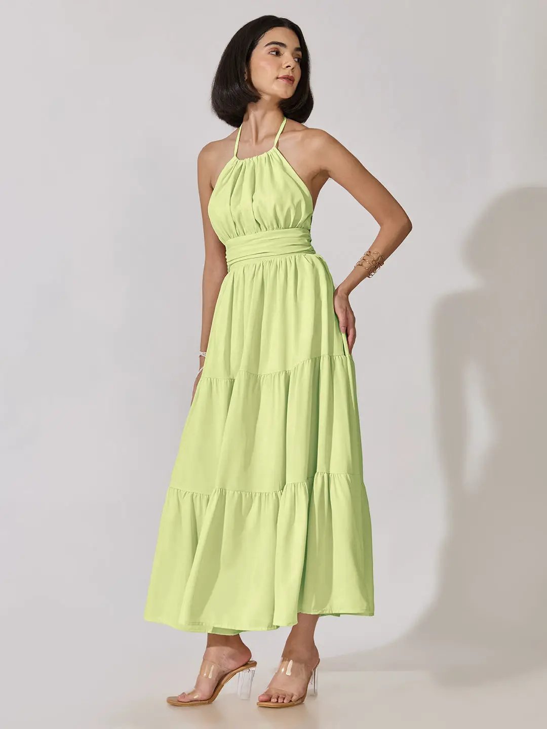 Women's Green Halter Neck Tiered Flared Maxi Dress - from SHOWOFFFF