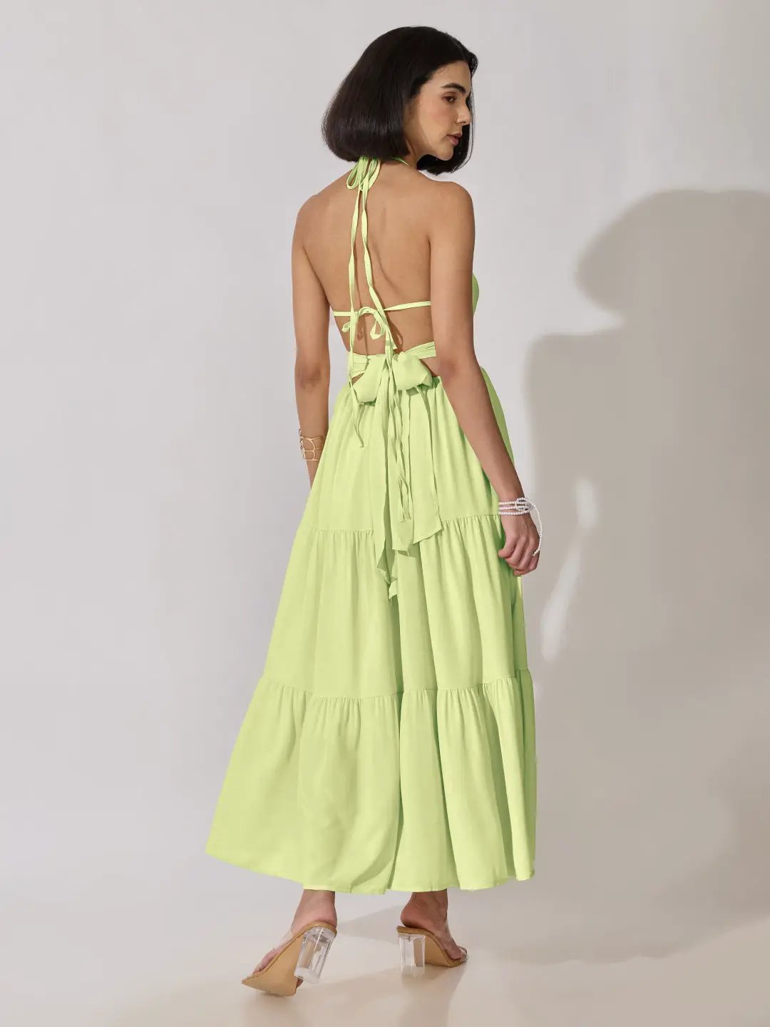 Women's Green Halter Neck Tiered Flared Maxi Dress - from SHOWOFFFF