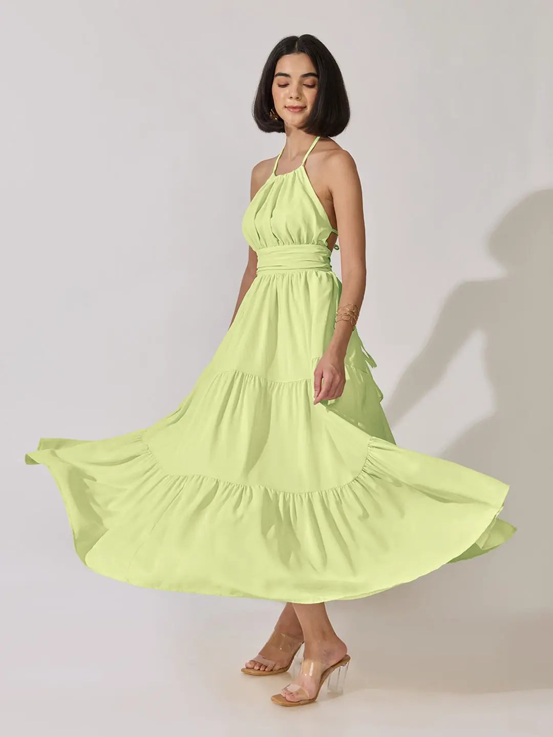 Women's Green Halter Neck Tiered Flared Maxi Dress - from SHOWOFFFF